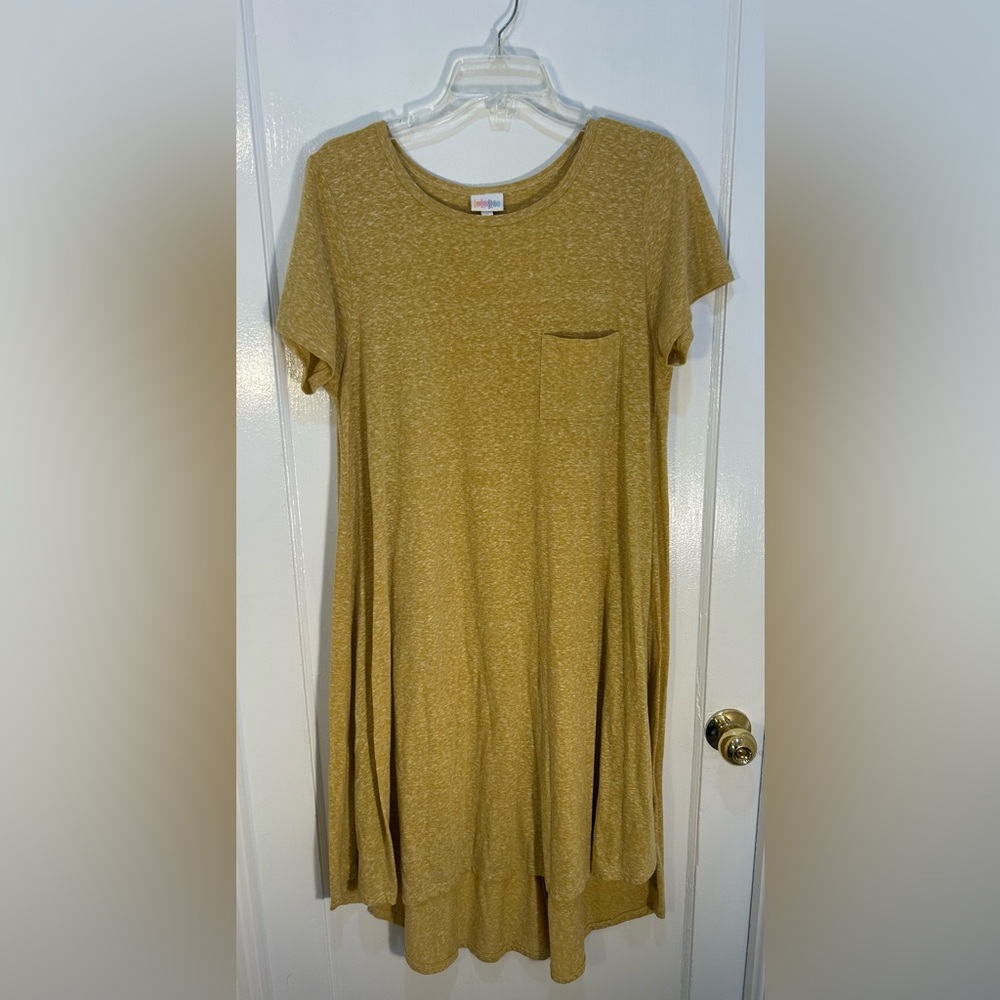 LuLaRoe Women's Large T-shirt Dress Mustard Speckled Ji/Lo Hem Brst Pocket